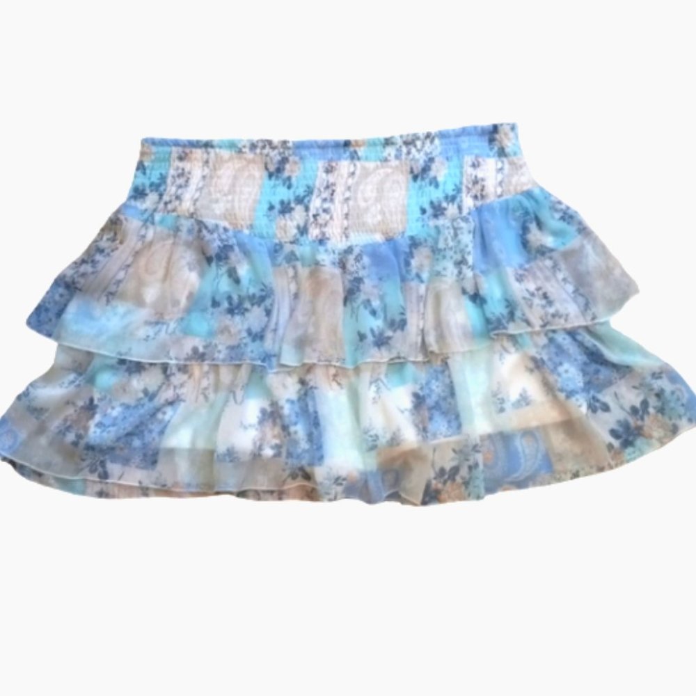 Tiered Smocked Western Ruffle SKORT Skirt Blue Floral Comfy Beach Boho Size XXXL